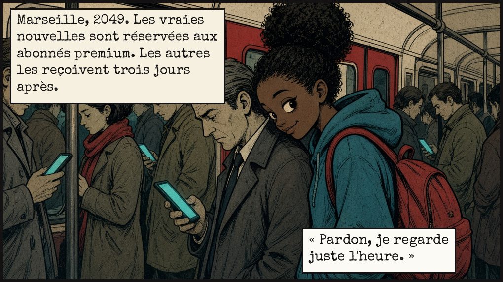 Case 1. Dans une rame de métro bondée, des voyageurs fixent leur téléphone. Inès, adolescente en sweat bleu et sac à dos rouge, lit par-dessus l'épaule d'un homme en costume. Texte : Marseille, 2049. Les vraies nouvelles sont réservées aux abonnés premium. Les autres les reçoivent trois jours après. Inès : « Pardon, je regarde juste l'heure. »