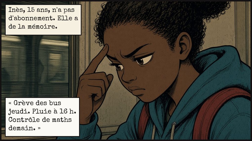 Case 2. Gros plan sur Inès, l'index sur la tempe, concentrée, devant la vitre du métro. Texte : Inès, 15 ans, n'a pas d'abonnement. Elle a de la mémoire. Inès : « Grève des bus jeudi. Pluie à 16 h. Contrôle de maths demain. »