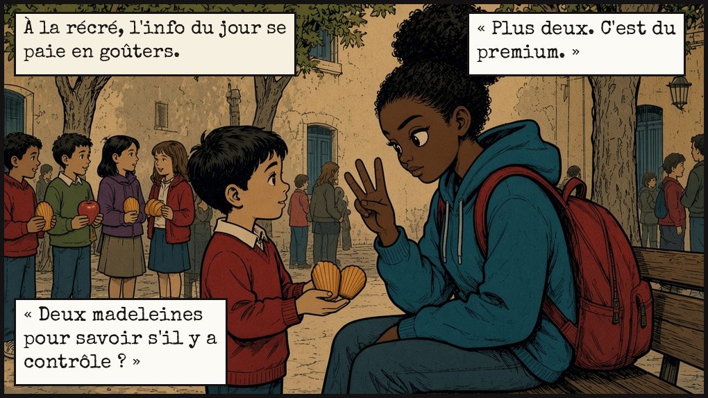 Case 3. Dans une cour de récréation, des élèves font la queue avec des goûters. Un garçon tend deux madeleines à Inès, assise sur un banc, qui lève deux doigts. Texte : À la récré, l'info du jour se paie en goûters. Le garçon : « Deux madeleines pour savoir s'il y a contrôle ? » Inès : « Plus deux. C'est du premium. »