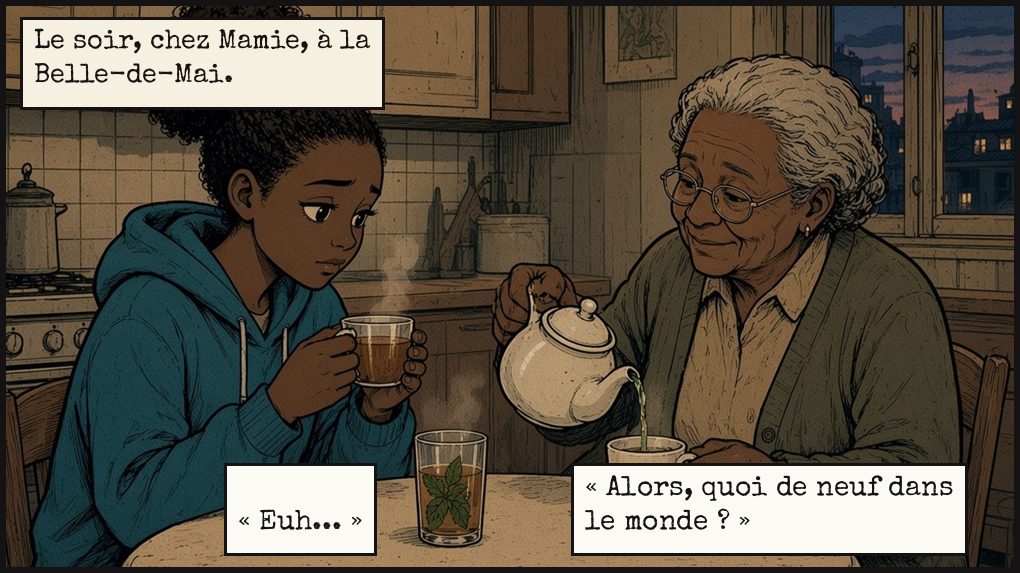Case 4. Le soir, dans une cuisine modeste, la grand-mère d'Inès lui sert le thé. Inès tient sa tasse, gênée. Texte : Le soir, chez Mamie, à la Belle-de-Mai. Mamie : « Alors, quoi de neuf dans le monde ? » Inès : « Euh... »