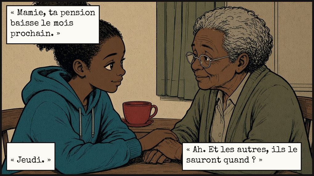 Case 5. À table, Inès pose sa main sur celle de sa grand-mère, qui la regarde avec douceur. Texte : Inès : « Mamie, ta pension baisse le mois prochain. » Mamie : « Ah. Et les autres, ils le sauront quand ? » Inès : « Jeudi. »