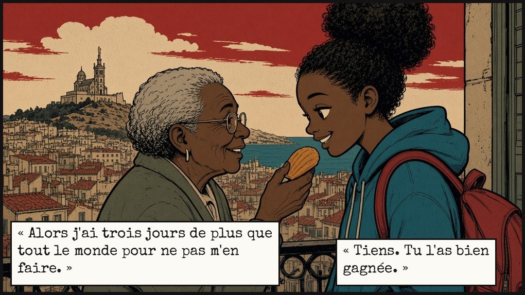 Case 6. Sur un balcon au-dessus des toits de Marseille et de Notre-Dame-de-la-Garde, la grand-mère tend une madeleine à Inès, qui sourit. Texte : Mamie : « Alors j'ai trois jours de plus que tout le monde pour ne pas m'en faire. » Mamie : « Tiens. Tu l'as bien gagnée. »