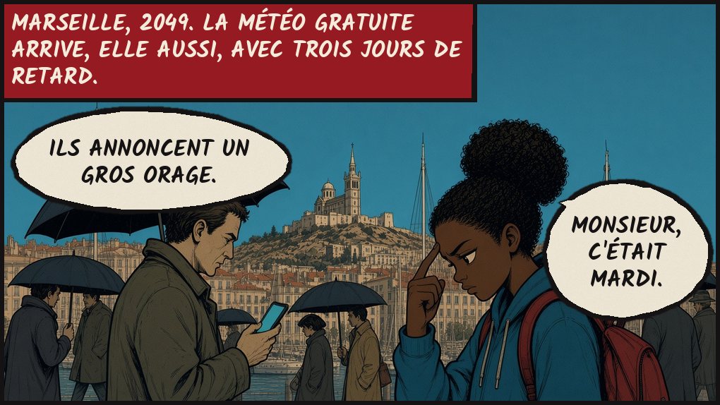 Case 1. Sur le Vieux-Port en plein soleil, sous Notre-Dame-de-la-Garde, des passants marchent sous des parapluies ouverts. Inès, en sweat bleu et sac à dos rouge, observe un homme qui consulte la météo sur son téléphone. Texte : Marseille, 2049. La météo gratuite arrive, elle aussi, avec trois jours de retard. Monsieur : « Ils annoncent un gros orage. » Inès : « Monsieur, c'était mardi. »