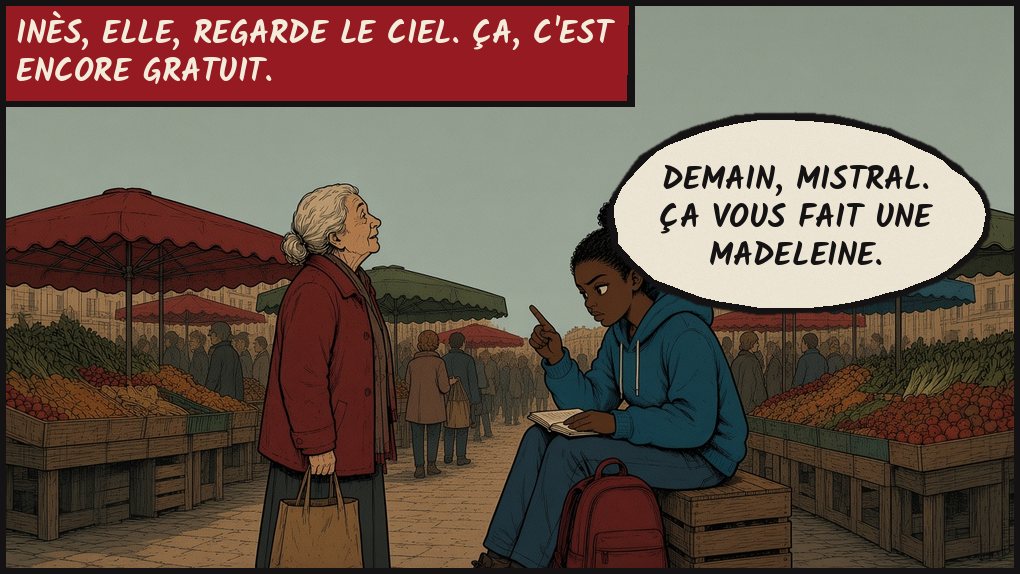Case 2. Au marché de Noailles, Inès, assise sur une caisse avec un carnet, montre le ciel du doigt à une vieille dame. Texte : Inès, elle, regarde le ciel. Ça, c'est encore gratuit. Inès : « Demain, mistral. Ça vous fait une madeleine. »