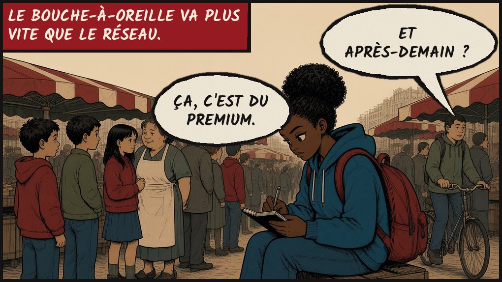 Case 3. Une file d'attente s'est formée devant Inès : des collégiens, une poissonnière, un livreur à vélo. Elle note dans son carnet. Texte : Le bouche-à-oreille va plus vite que le réseau. Livreur : « Et après-demain ? » Inès : « Ça, c'est du premium. »