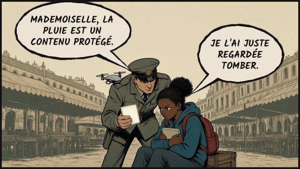 Case 4. Un agent en uniforme gris, tablette en main et drone à l'épaule, se penche vers Inès, qui serre son carnet contre elle. Texte : Agent : « Mademoiselle, la pluie est un contenu protégé. » Inès : « Je l'ai juste regardée tomber. »