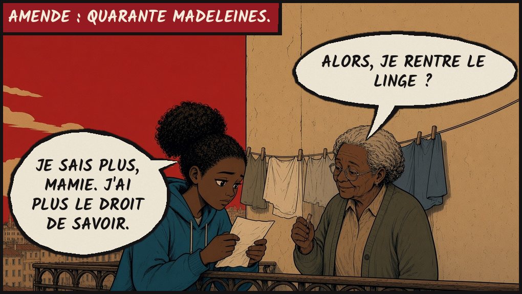 Case 5. Le soir, sur un balcon de la Belle-de-Mai, Mamie étend le linge pendant qu'Inès, accoudée, tient une amende froissée. Texte : Amende : quarante madeleines. Mamie : « Alors, je rentre le linge ? » Inès : « Je sais plus, Mamie. J'ai plus le droit de savoir. »