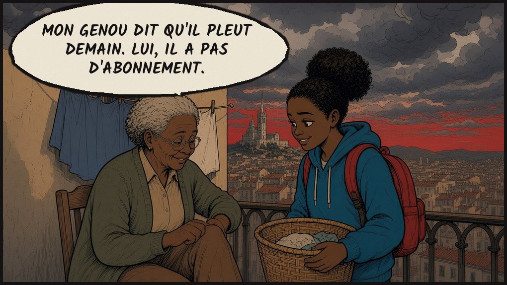 Case 6. Au coucher du soleil, face à Notre-Dame-de-la-Garde, Mamie, assise, sourit en se tapotant le genou. Inès tient un panier à linge. De gros nuages gris arrivent derrière la basilique. Texte : Mamie : « Mon genou dit qu'il pleut demain. » Mamie : « Lui, il a pas d'abonnement. »