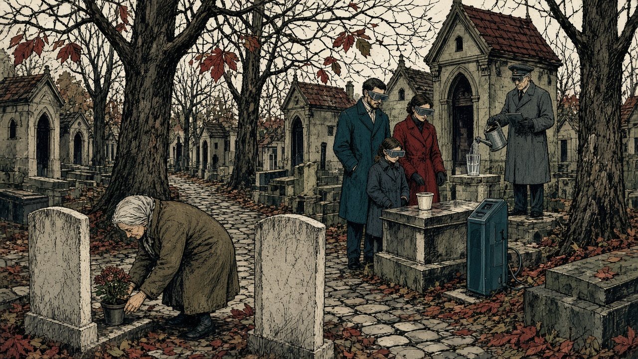 Au cimetière du Père-Lachaise, à Paris, une vieille dame pose un minuscule chrysanthème entre deux tombes, tandis qu'une famille en lunettes connectées admire un pot vide près d'une borne de recharge