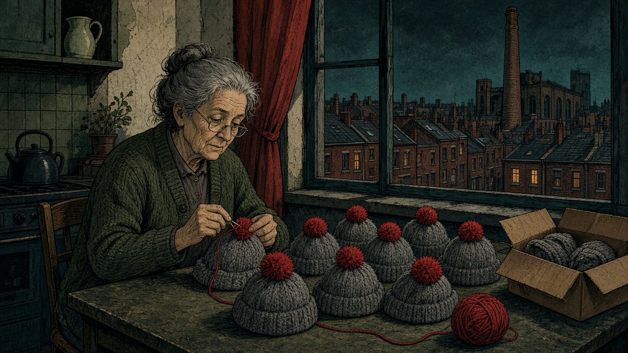 Une grand-mère à Roubaix coud des pompons rouges sur neuf bonnets gris identiques
