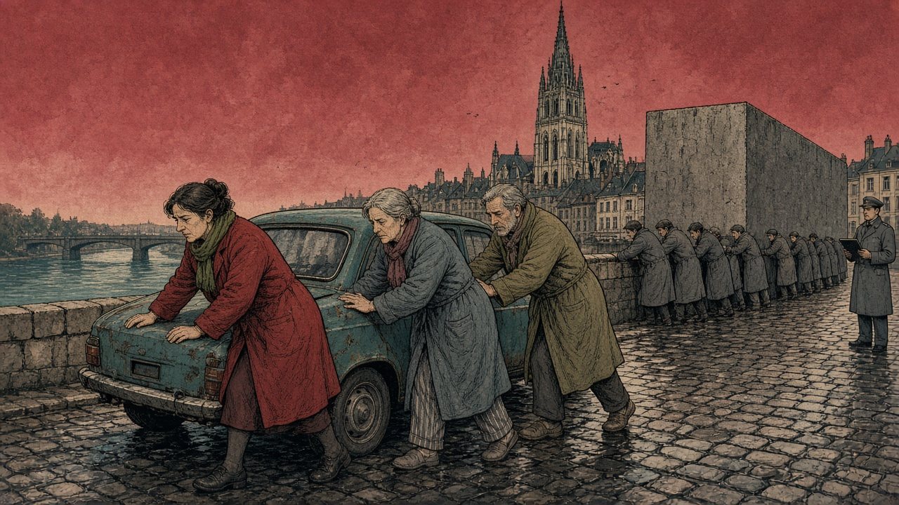 Une aide à domicile et deux voisins en chaussons poussent une vieille voiture sur les quais de la Seine à Rouen, à l'aube, sous les flèches de la cathédrale