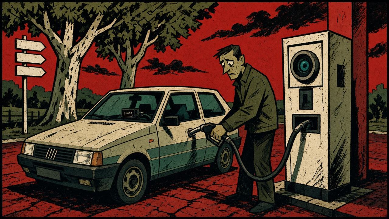 Dessin satirique : Gazole à 2,35 euros : des stations testent le plein payable en 36 mensualités, avec boîtier de surveillance du conducteur