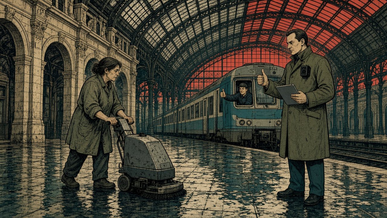 Un agent en manteau gris lève le pouce face à une agente d'entretien et son autolaveuse, dans le grand hall de la gare Lille-Flandres à l'aube